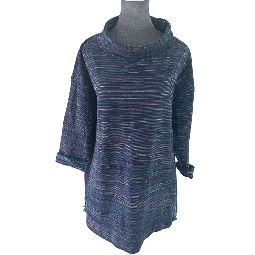 T by Talbots Cozy Athleisure Funnel Neck Tunic 2X Purple Teal Space Dye Stripe